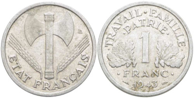 ФРАНЦИЯ 1 ФРАНК 1943 ТИП LEGERE, ПРАВИТЕЛЬСТВО ВИШИ KM 902.1, LE FRANC 223.3 алюминий 202-621