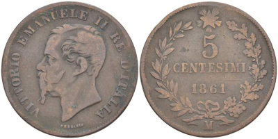 ИТАЛИЯ 5 ЧЕНТЕЗИМО 1861 М, МОНДВОР МИЛАН, ВИКТОР ЭММАНУИЛ II (1861-1878) KM 3.2 медь 4182-1254