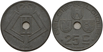 Бельгия 25 сантимов 1945 Belgie - Belgique, Леопольд III (1934-1947), германская оккупация, Вторая мировая война KM 132 цинк 4157-642