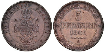 Саксония 5 пфеннигов 1869 В KM 1218 медь 51-1851
