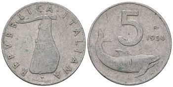 Италия 5 лир 1954 R, руль, дельфин KM 92 алюминий 4576-769