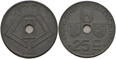 Бельгия 25 сантимов 1945 Belgie - Belgique, Леопольд III (1934-1947), германская оккупация, Вторая мировая война KM 132 цинк 4157-642