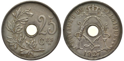 БЕЛЬГИЯ 25 САНТИМОВ 1927 BELGIQUE, АЛЬБЕРТ I (1909-1934) KM 68.1 медно-никель 27-925