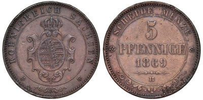 Саксония 5 пфеннигов 1869 В KM 1218 медь 51-1851