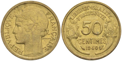 ФРАНЦИЯ 50 САНТИМОВ 1940 ТИП MORLON KM 894.1, LE FRANC 192.17 алюминиевая бронза 44-756