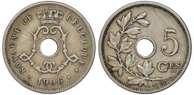 Бельгия 5 сантимов 1906 Belgique KM 54 медно-никель 51-1631