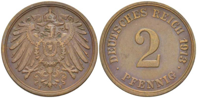 Германия 2 пфеннига 1913 F KM 16, J. 11, Weege 4 медь 206-633