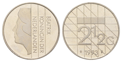 Нидерланды 2 1/2 гульдена 1993 Беатрикс (1980-2013), редкий год KM 206 никель UNC 4367-623