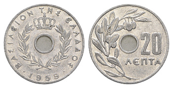 Греция 20 лепт 1959 Павел I (1947-1964), оливковая ветвь KM 79 алюминий 4573-1013