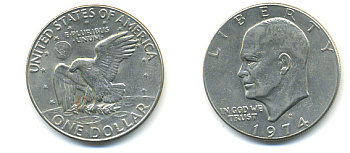 США 1 доллар 1974 D, Президент Эйзенхауэр, лунный орел KM 203 медь плакированная медно-никелем 93-812