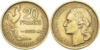 ФРАНЦИЯ 20 ФРАНКОВ 1951 ПЕТУХ, 4 ПЕРА KM 917.1, LE FRANC 402.7 алюминиевая бронза 4551-635