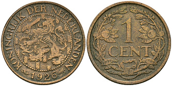 Нидерланды 1 цент 1926 Вильгельмина (1890-1948) KM 152 бронза 4576-1066