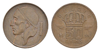 Бельгия 50 сантимов 1953 Belgie KM 145 бронза 4649-562