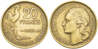 ФРАНЦИЯ 20 ФРАНКОВ 1951 ПЕТУХ, 4 ПЕРА KM 917.1, LE FRANC 402.7 алюминиевая бронза 4551-635