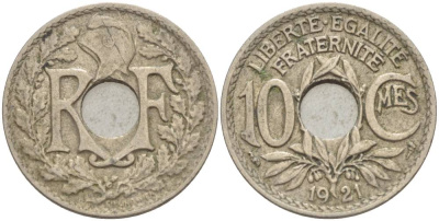 Франция 10 сантимов 1921 тип Линдайё KM 866a, Le Franc 138.3 медно-никель 4544-333