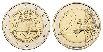 Германия 2 евро 2007 D, 50 лет подписанию Римского договора KM 259 биметалл UNC 1096-2-25