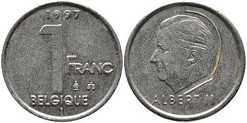 БЕЛЬГИЯ 1 ФРАНК 1997 BELGIQUE, АЛЬБЕРТ II (1993-) KM 187 железо плакированное никелем 99-1227