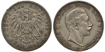 Пруссия 5 марок 1908 Вильгельм II (1888-1918) KM 523, J.104 серебро    3711-221