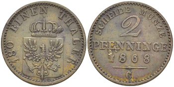ПРУССИЯ 2 ПФЕННИГА 1868 С, ВИЛЬГЕЛЬМ I (1861-1888) KM 481 медь 4523-245