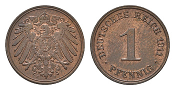 Германия 1 пфенниг 1911 J, Вильгельм II (1888-1918) KM 10, J. 10 медь aUNC 4625-1024