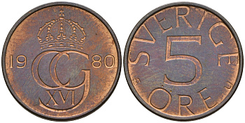 Швеция 5 эре 1980 Карл XVI Густав (1973- ) KM 849 бронза 4608-414