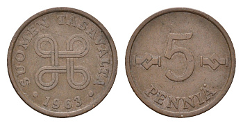 Финляндия 5 пенни 1963 KM 45 медь 4669-364