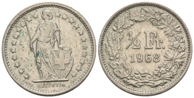 Швейцария 1/2 франка 1968 В KM 23а медно-никель 4576-935