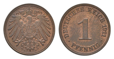 Германия 1 пфенниг 1911 J, Вильгельм II (1888-1918) KM 10, J. 10 медь aUNC 4625-1024