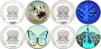 Сан-Томе и Принсипи набор из 4 монет по 1000 добра 1998 павлин, тропические рыбы, бабочка, колибри, цветная голограмма, в оригинальной коробке с сертификатом KM 79, 80, 81, 82 серебро PROOF 4-3-3-19
