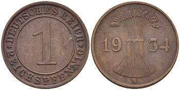 ГЕРМАНИЯ 1 РЕЙХСПФЕННИГ 1934 A KM 37, J. 313, Weege 2 бронза 211-127