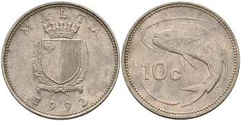 Мальта 10 центов 1992 золотая макрель KM 96 медно-никель 4588-238