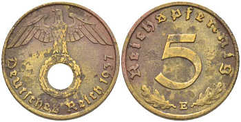 ГЕРМАНИЯ 5 РЕЙХСПФЕННИГОВ 1937 Е KM 91, J. 363 алюминиевая бронза 206-1239