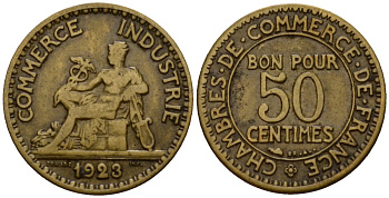 Франция 50 сантимов 1923 тип Chambres de Commerce KM 884 алюминиевая бронза 4602-163