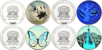 Сан-Томе и Принсипи набор из 4 монет по 1000 добра 1998 павлин, тропические рыбы, бабочка, колибри, цветная голограмма, в оригинальной коробке с сертификатом KM 79, 80, 81, 82 серебро PROOF 4-3-3-19