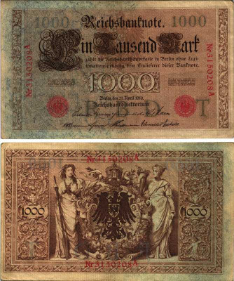 ГЕРМАНИЯ 1000 МАРОК 1910 21 АПРЕЛЯ 1910, КРАСНАЯ, СЕМИЗНАЧНЫЙ НОМЕР Pick 44b бумага 8518-53-1