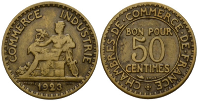Франция 50 сантимов 1923 тип Chambres de Commerce KM 884 алюминиевая бронза 4602-163