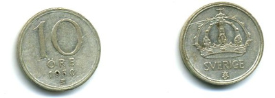 Швеция 10 эре 1950 TS, Густав V (1907-1950) KM 813 серебро 46-339