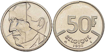 БЕЛЬГИЯ 50 ФРАНКОВ 1990 BELGIQUE, БОДУЭН I (1951-1993) KM 168 никель 4401-445
