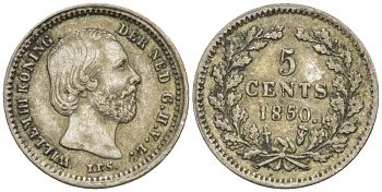 Нидерланды 5 центов 1850 Виллем III (1849-1890), точка после даты KM 91 серебро 66-1221