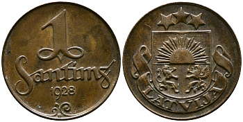 Латвия 1 сантим 1928 первая Республика (1918-1939) KM 1 бронза 83-1462