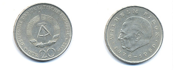 ГДР 20 марок 1972 А, Вильгельм Пик (1876-1960) KM 42 медно-никель 3333-344