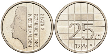 Нидерланды 25 центов 1995 Беатрикс (1980-2013) KM 204 никель UNC 4588-927