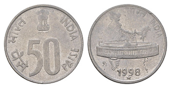 Индия 50 пайсов 1998 Отметка монетного двора - * (звезда) - Хайдарабад KM 69 нержавеюшая сталь 4625-847