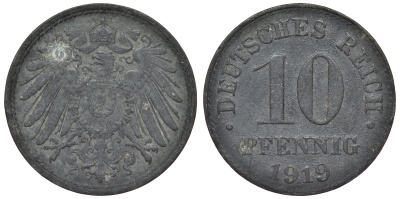 Германия 10 пфеннигов 1919 KM 26, J. 299, Weege 8 цинк 4119-331