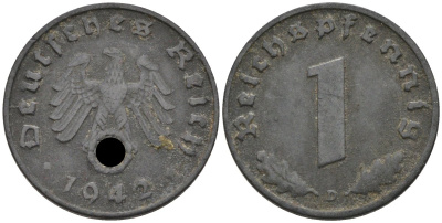 Германия 1 рейхспфенниг 1942 D, KM 97 цинк 96-322