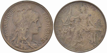ФРАНЦИЯ 10 САНТИМОВ 1916 ТИП ДАНИЭЛЬ ДЮПЮИ KM 843, LA FRANC 136.27 бронза 109-411
