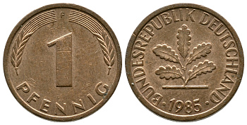 ФРГ 1 ПФЕННИГ 1985 F KM 105, J.380 сталь плакированная медью 179-1016