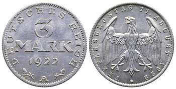 Германия 3 марки 1922 А, третья годовщина Веймарской Конституции KM 29, J. 303 алюминий 4380-735