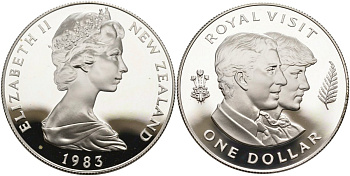 Новая Зеландия 1 доллар 1983 королевский визит, принц Чарльз и леди Диана, Елизавета II (1952-2022), в оригинальной коробке, сертификат KM 52а серебро PROOF 3-4-7-20