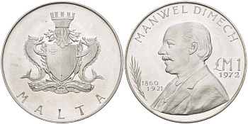 Мальта 1 фунт 1972 Мануель Димех, философ KM 13 серебро UNC 1521-312